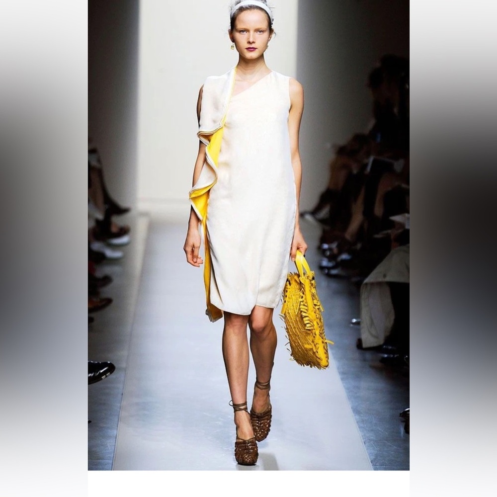 Bottega Veneta Sleeveless Ruffle-Trim Shift Dress with Yellow Accent